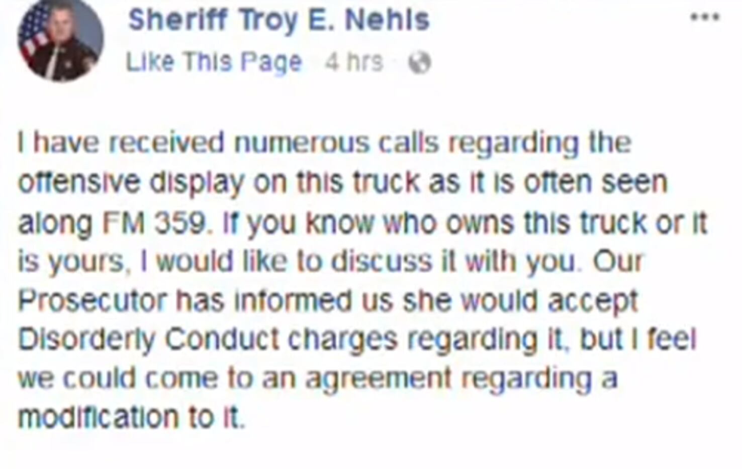 The sheriff's Facebook post has since been deleted.