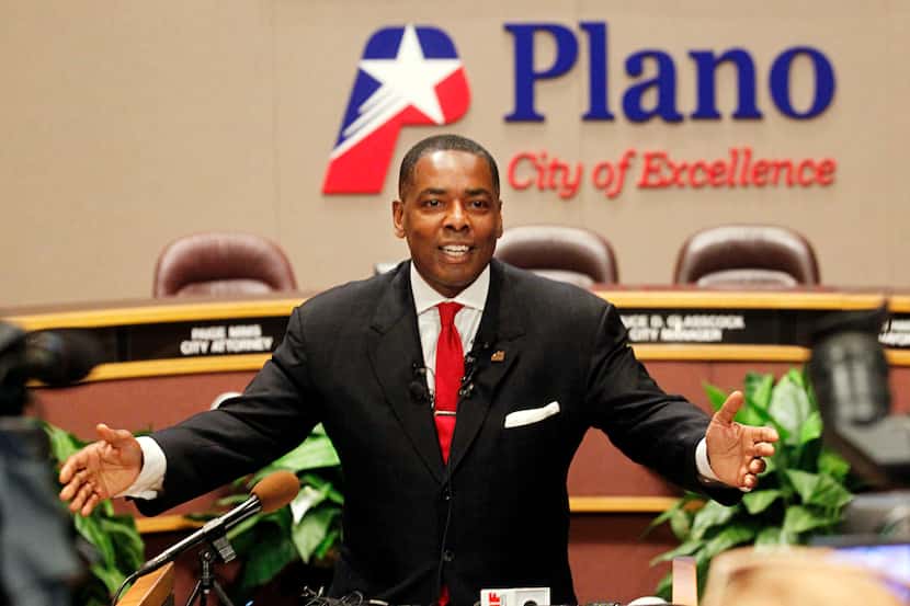 Plano Mayor Harold LaRosiliere talks during an economic development announcement in this...