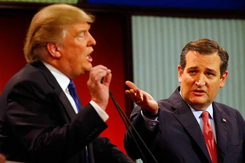 Donald Trump and Sen. Ted Cruz argue a point during a Republican presidential primary debate...
