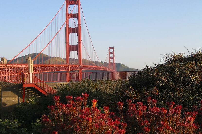 The Golden Gate Bridge from the San Francisco side is seen from the visitor's center and...