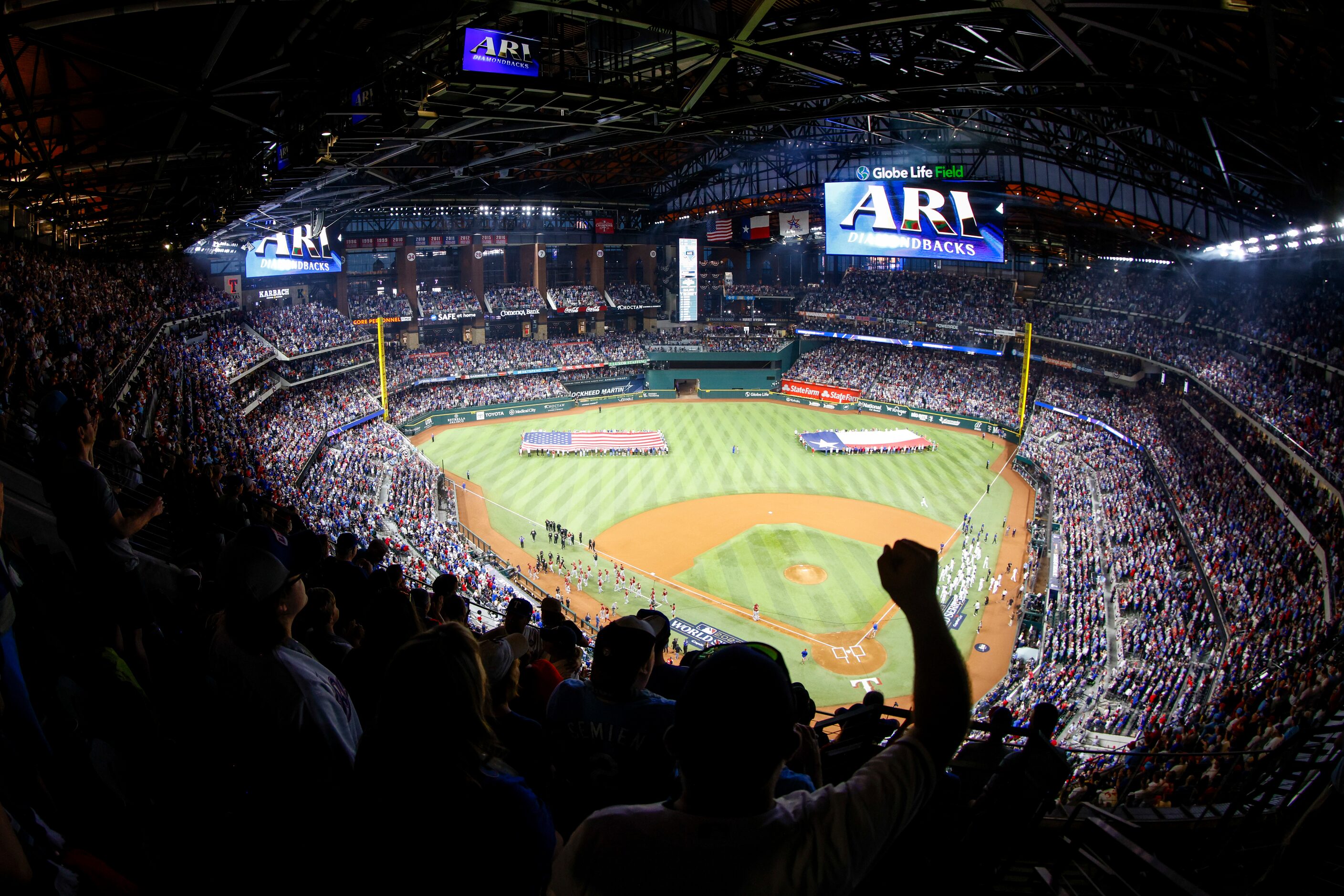 Crowd cheer before Game 1 of the World Series between Texas Rangers and Arizona...