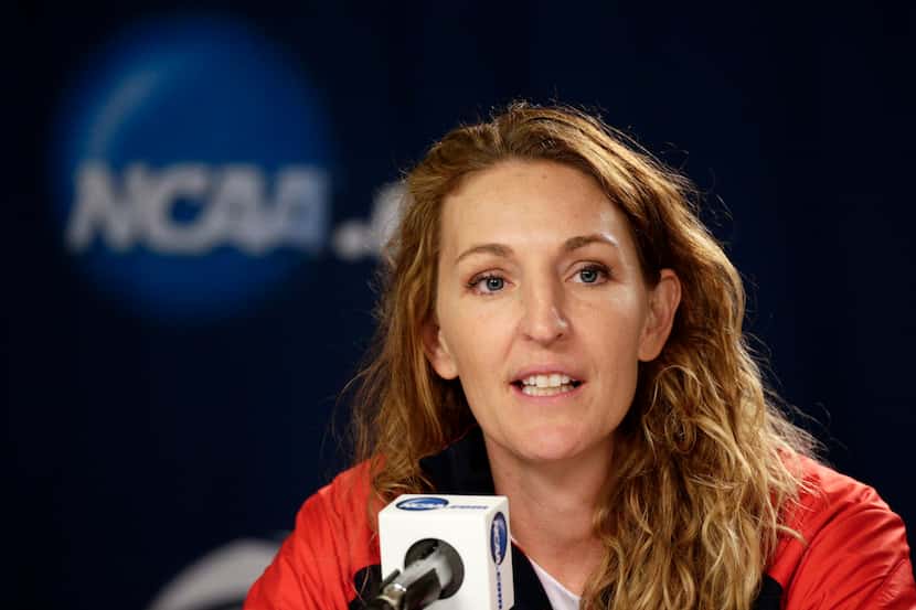 Fresno State head coach Raegan Pebley answers questions from the media before Fresno State's...
