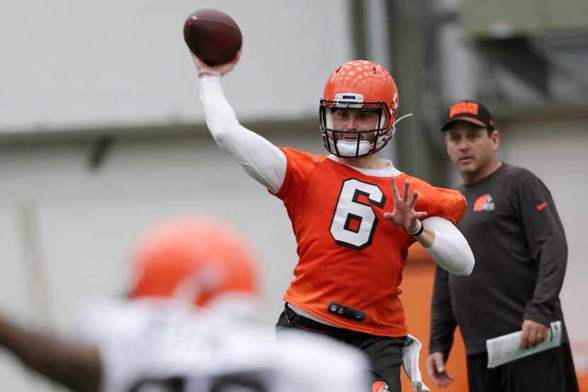 Cleveland Browns quarterback Baker Mayfield throws during rookie minicamp at the NFL...