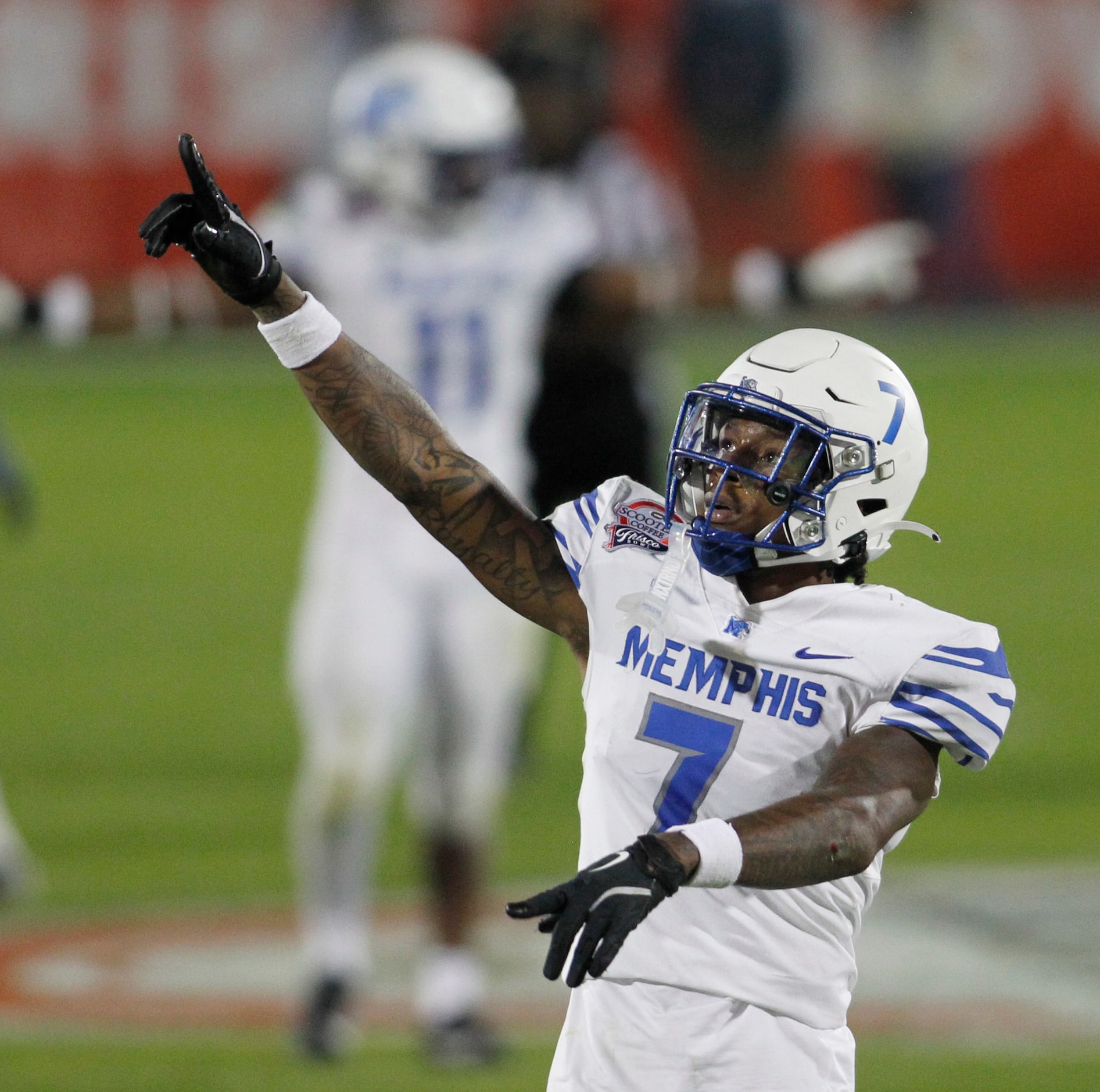 Memphis cornerback Kobee Minor (7) celebrates after breaking up a long pass during third...