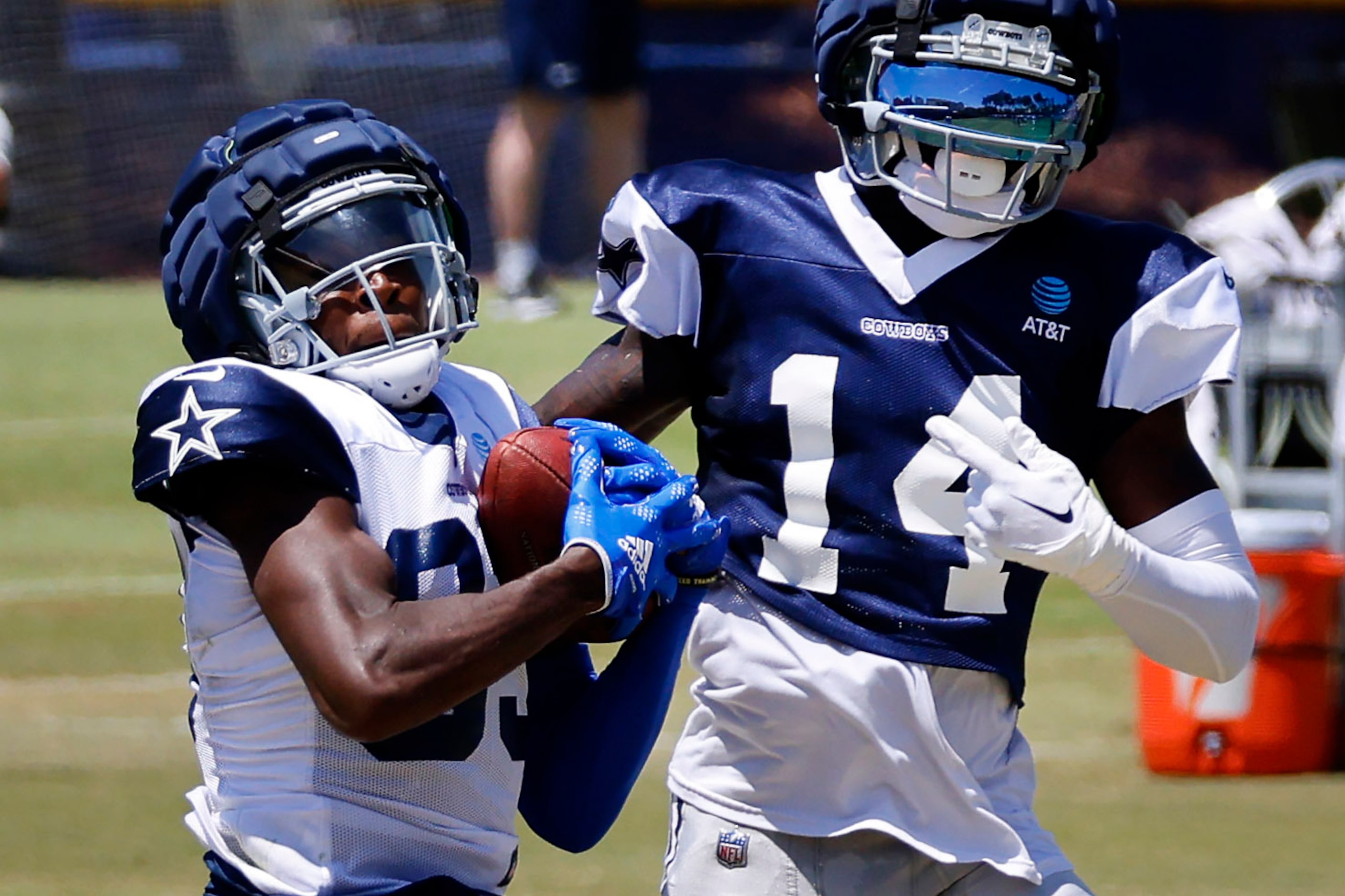 Dallas Cowboys wide receiver Jalen Brooks (83) completes a pass against safety Markquese...