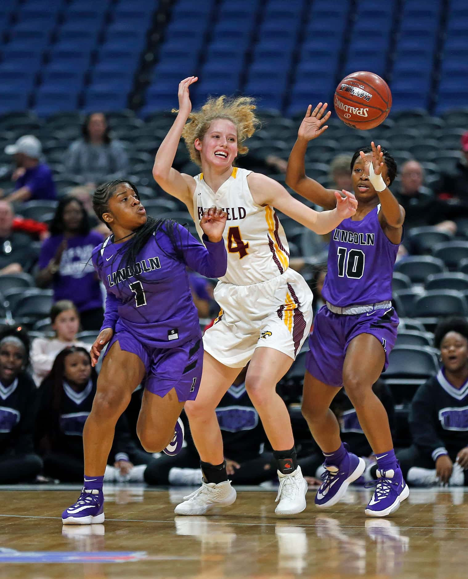 Lincoln guard Alexis Brown (#1) and forward Tayla Slone (#10) pressure Fairfield center...