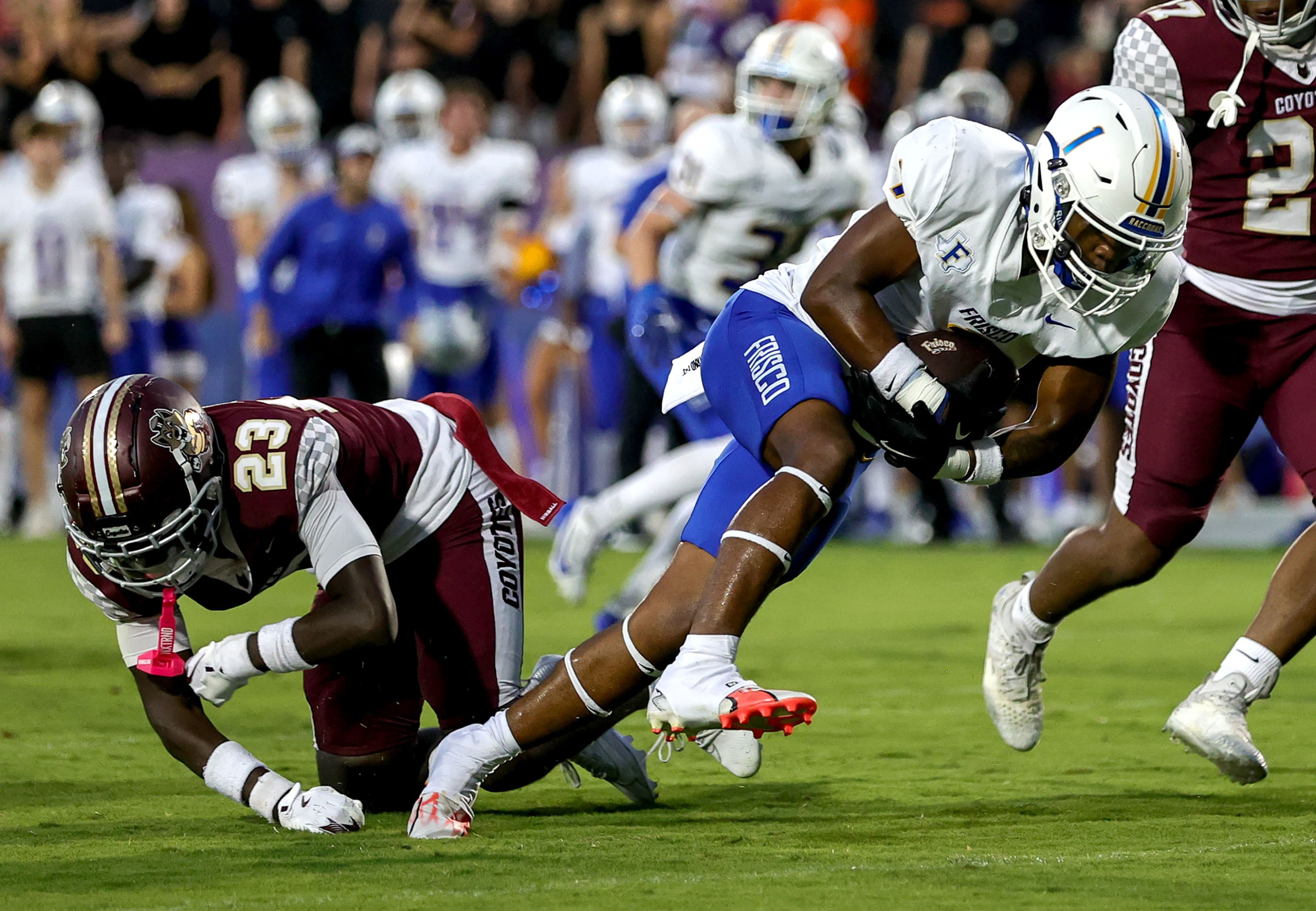 Frisco wide receiver Kam Pendergraph (1) gets into the endzone for a touchdown reeption...