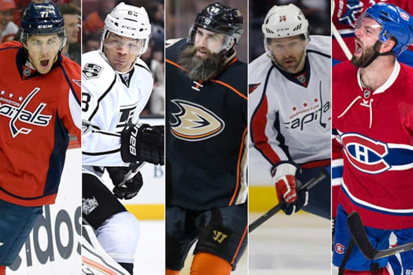 From left to right: T.J. Oshie, Jarome Iginla, Patrick Eaves, Justin Williams and Alexander...