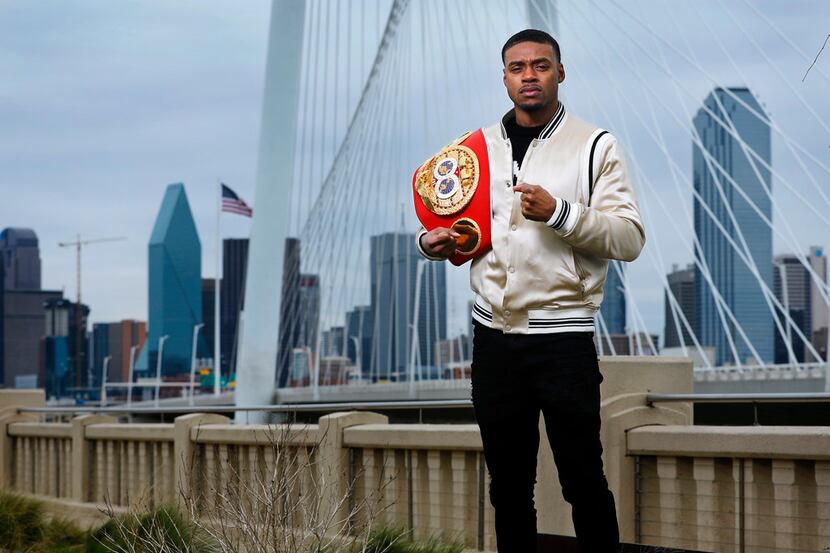 Dallas boxer Errol Spence Jr. poses for a photo with his belt on the Continental Bridge in...