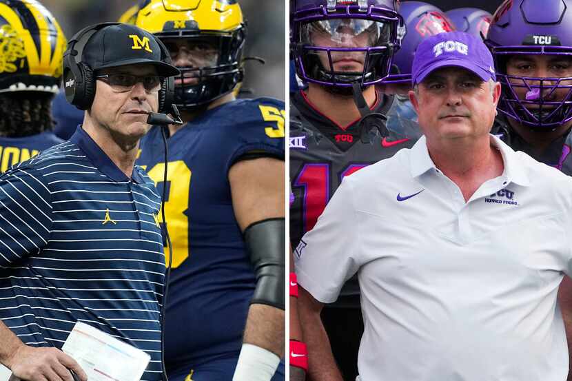 Michigan head coach Jim Harbaugh (left) and TCU head coach Sonny Dykes (right). (Left photo...