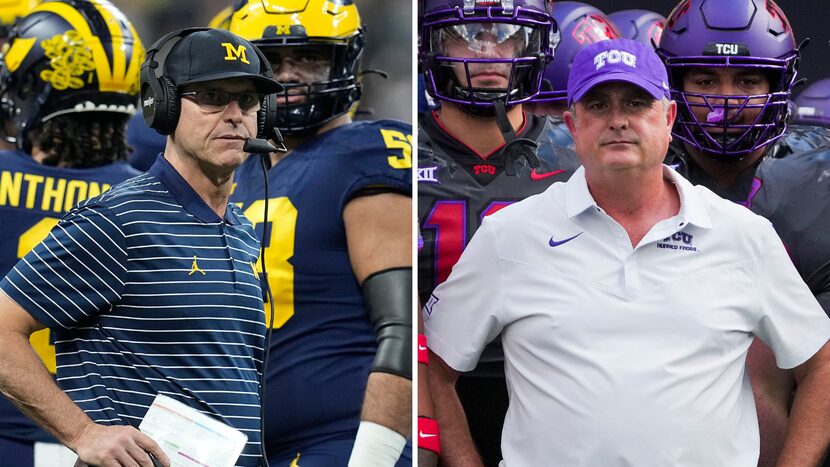 Michigan head coach Jim Harbaugh (left) and TCU head coach Sonny Dykes (right). (Left photo...