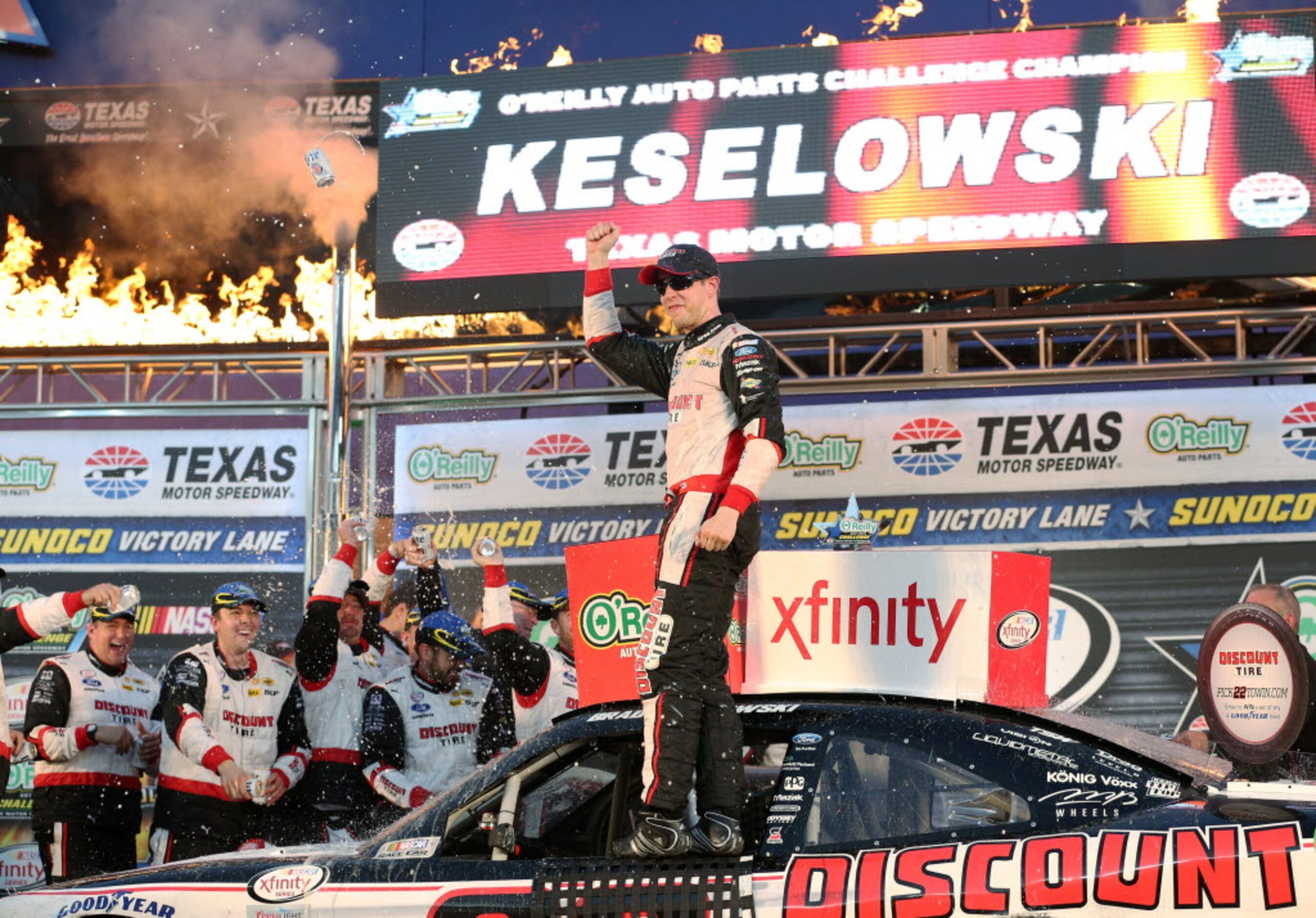 Brad Keselowski (22) celebrates winning the NASCAR XFINITY SERIES 11th Annual O'Reilly Auto...