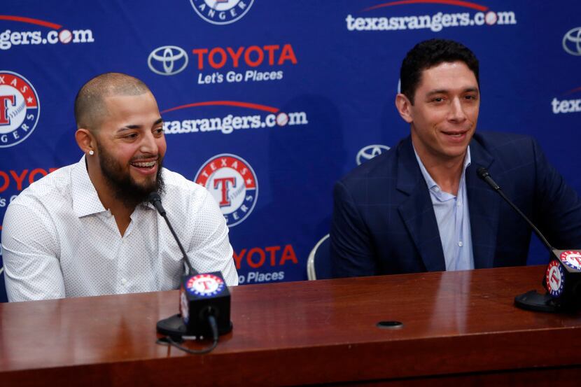 Texas Rangers second baseman Rougned Odor (left) and Texas Rangers general manager Joe...