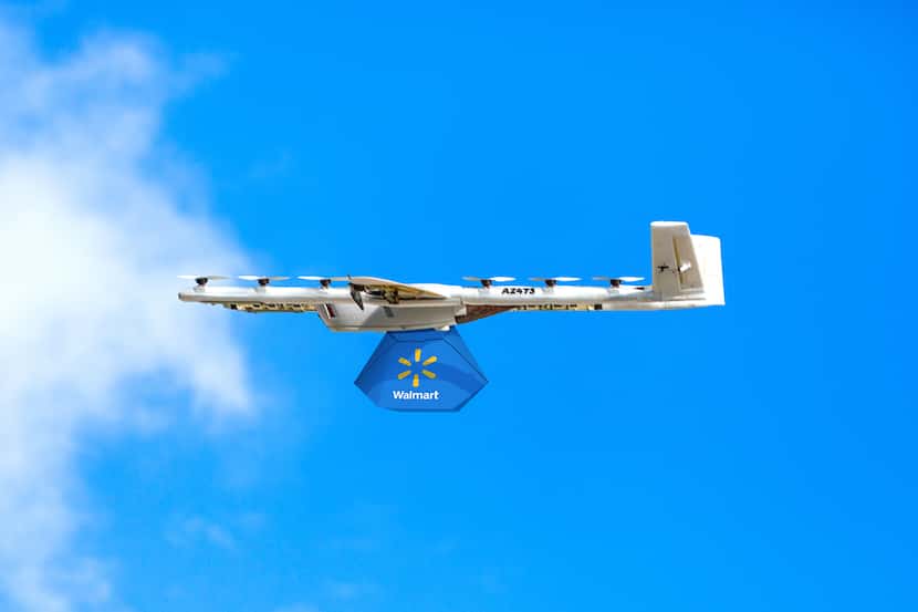 A Wing drone carrying a Walmart delivery.