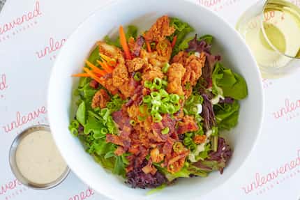 The Weekender bowl at Unleavened Fresh Kitchen comes with fried chicken, bacon, lettuce,...