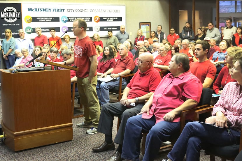 Local resident Matthew Weyenberg speaks to the McKinney City Council to oppose the Highway...