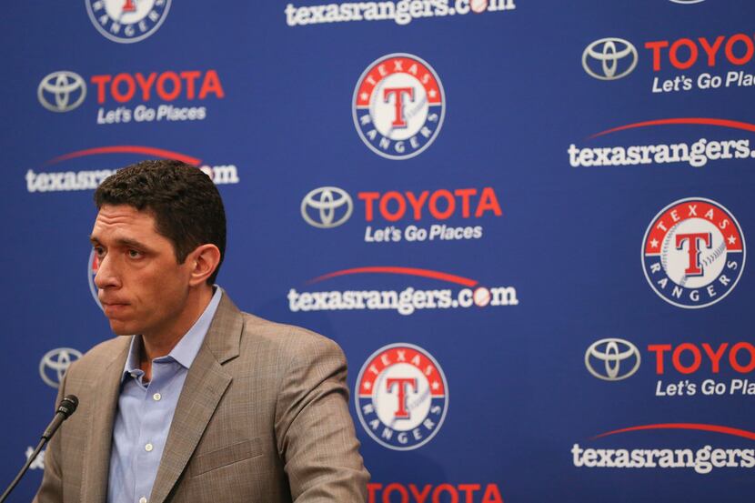 Rangers President of Baseball Operations and General Manager Jon Daniels addresses members...