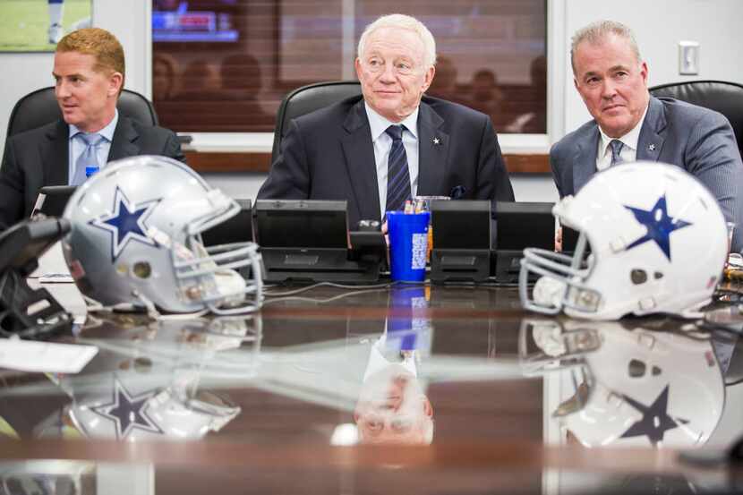 (from left) Dallas Cowboys head coach Jason Garrett, owner Jerry Jones and executive vice...