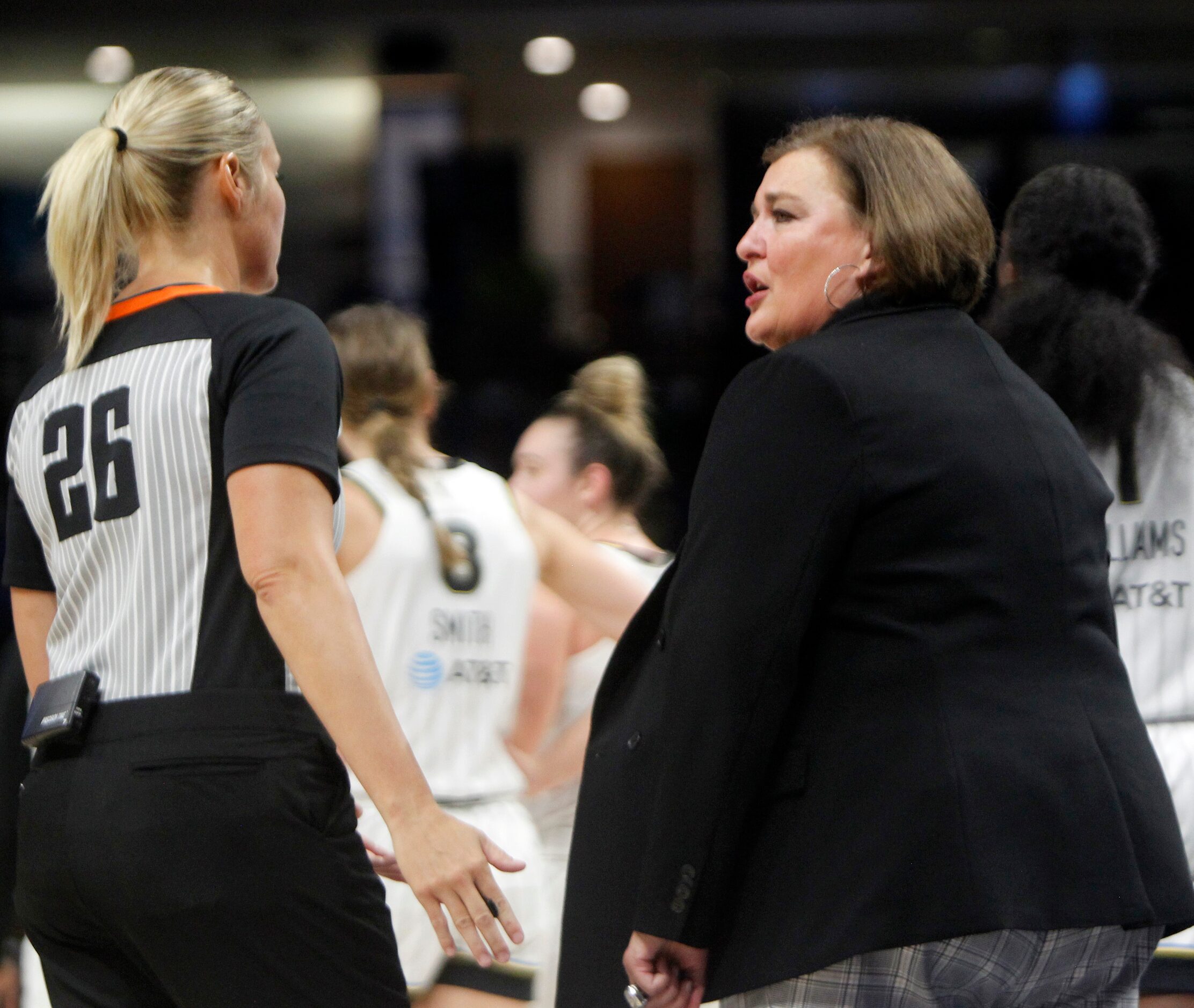 Dallas Wings head coach Latricia Trammell expresses her displeasure with a game official...