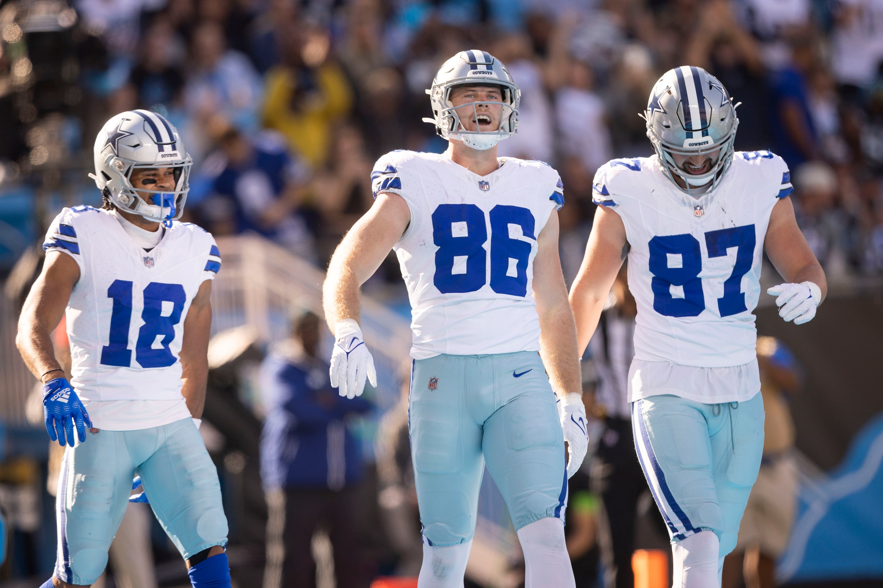 Dallas Cowboys wide receiver Jalen Tolbert (18), Dallas Cowboys tight end Luke Schoonmaker...