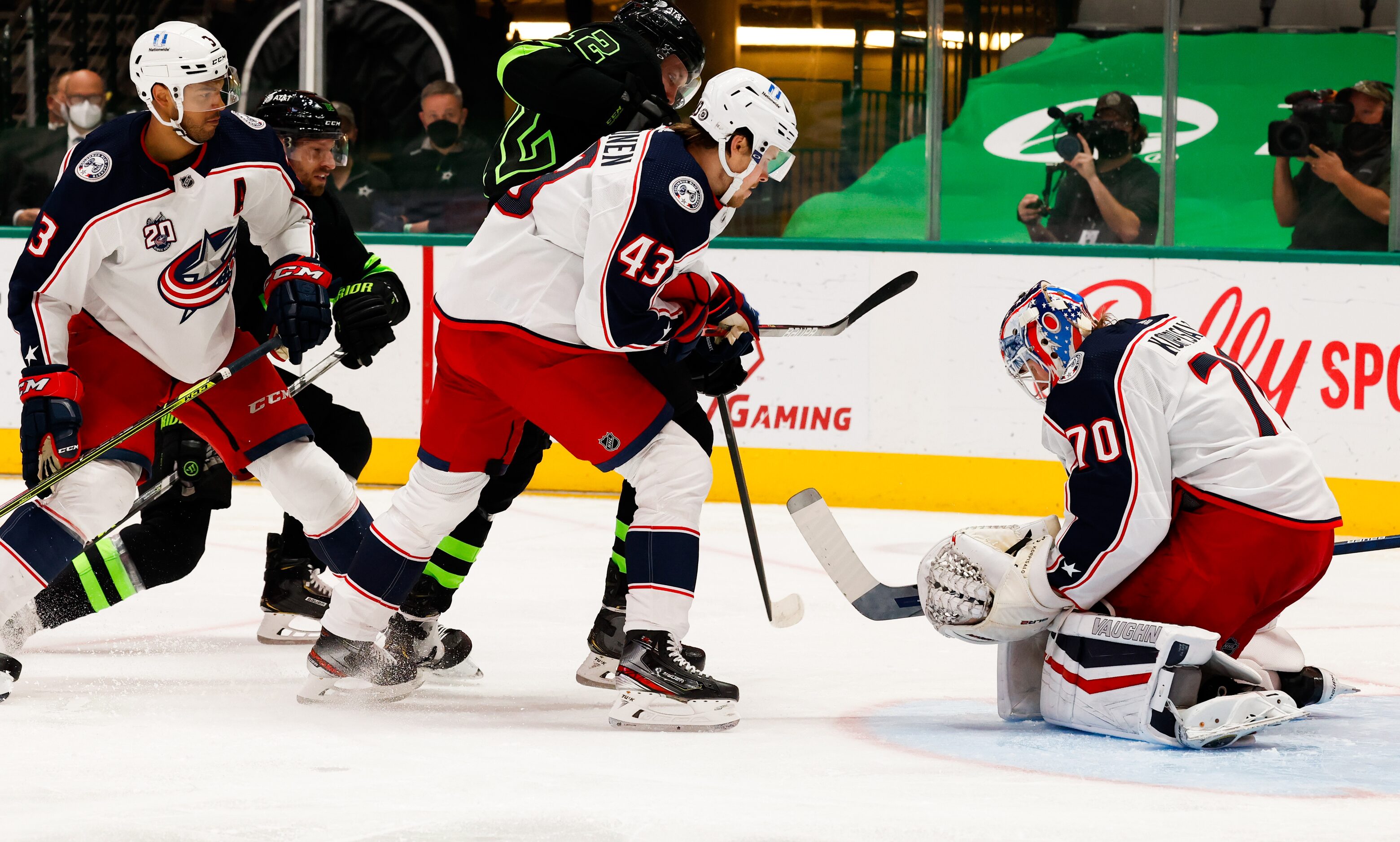 Columbus Blue Jackets goaltender Joonas Korpisalo (70) blocs a Dallas Stars goal in the...