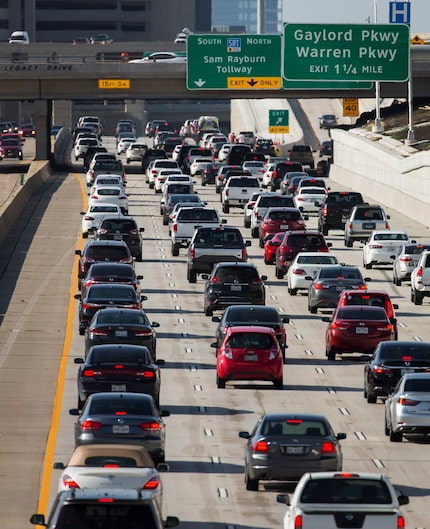 Rush-hour traffic backs up on the northbound Dallas North Tollway near Legacy Drive in Plano. 