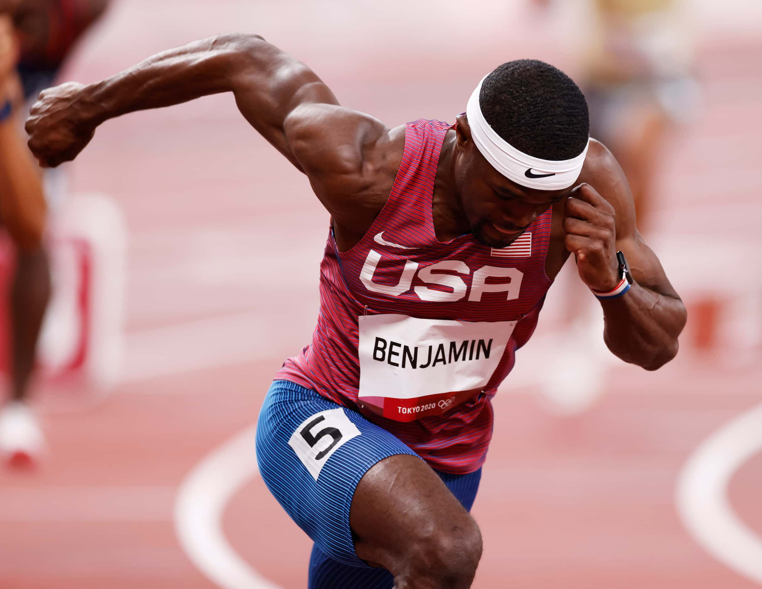 USA’s Rai Benjamin runs in the 400 meter hurdles semifinal 
during the postponed 2020 Tokyo...