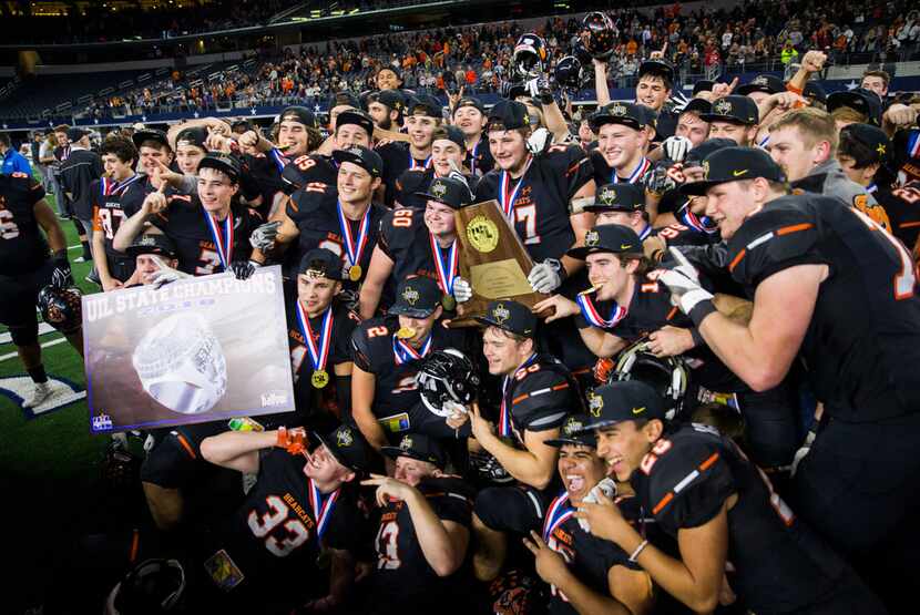 Aledo celebrates a 55-19 win over Fort Bend Marshall, making them the UIL Class 5A Division...