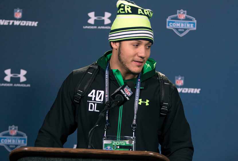 Missouri defensive lineman Shane Ray talks to the media at the 2015 NFL Combine at Lucas Oil...