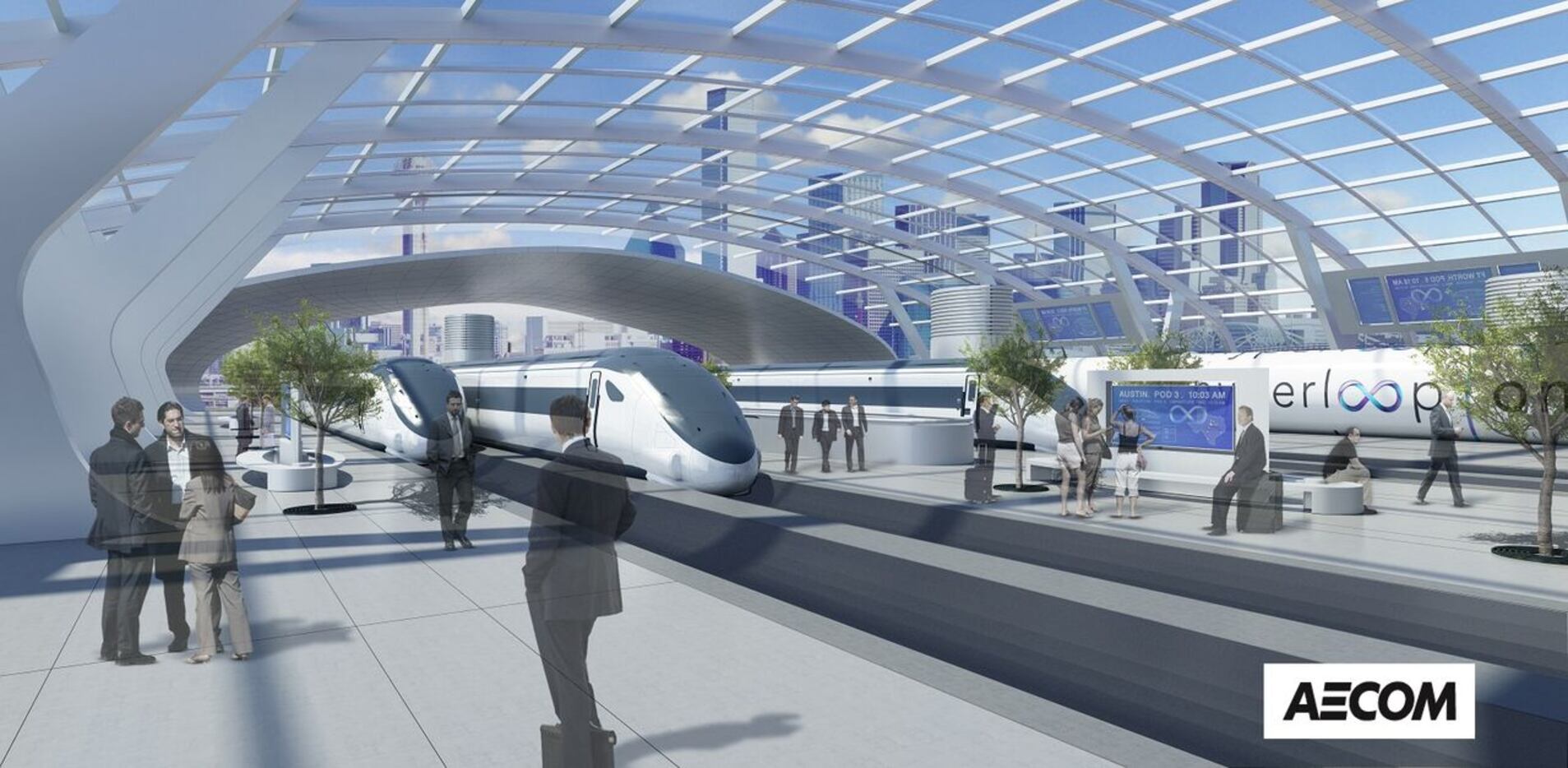 A rendering of the proposed Hyperloop station in Dallas. (AECOM)