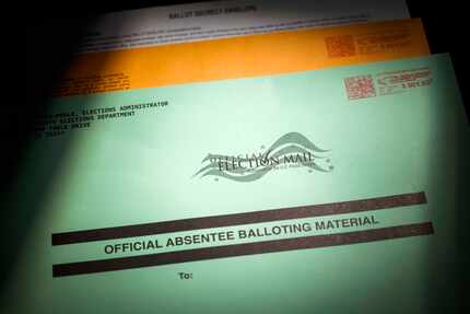 Mail-in absentee ballot materials photographed at the Dallas County Elections Department on...