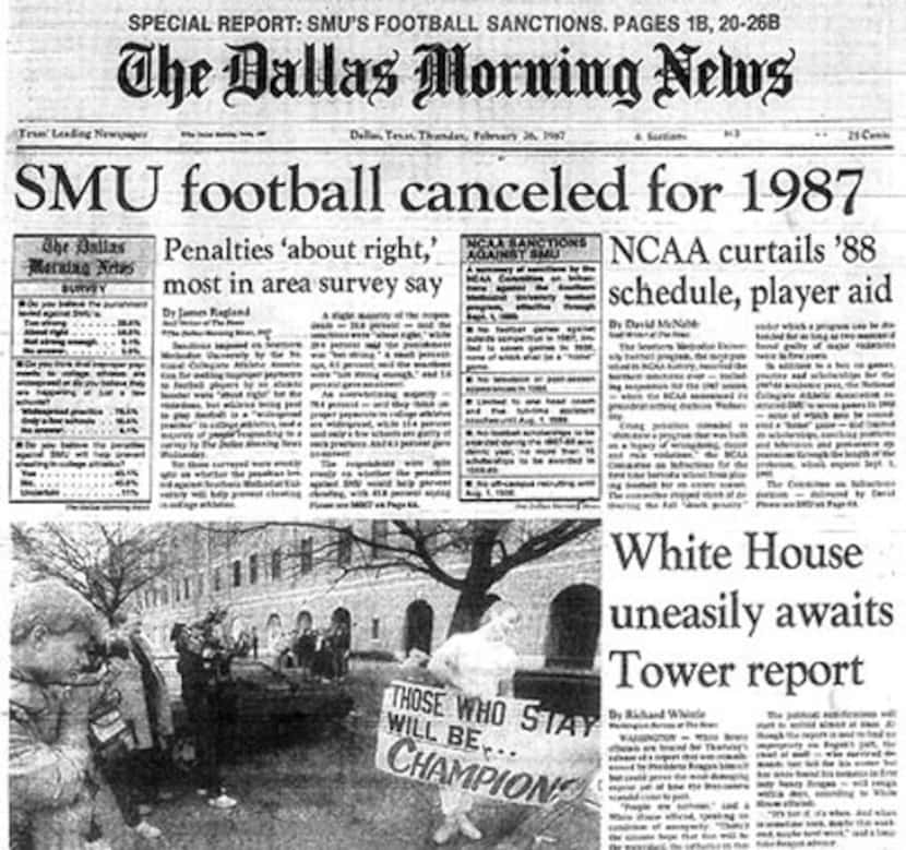 Front page of The Dallas Morning News in February 1987, the day after SMU football got the...