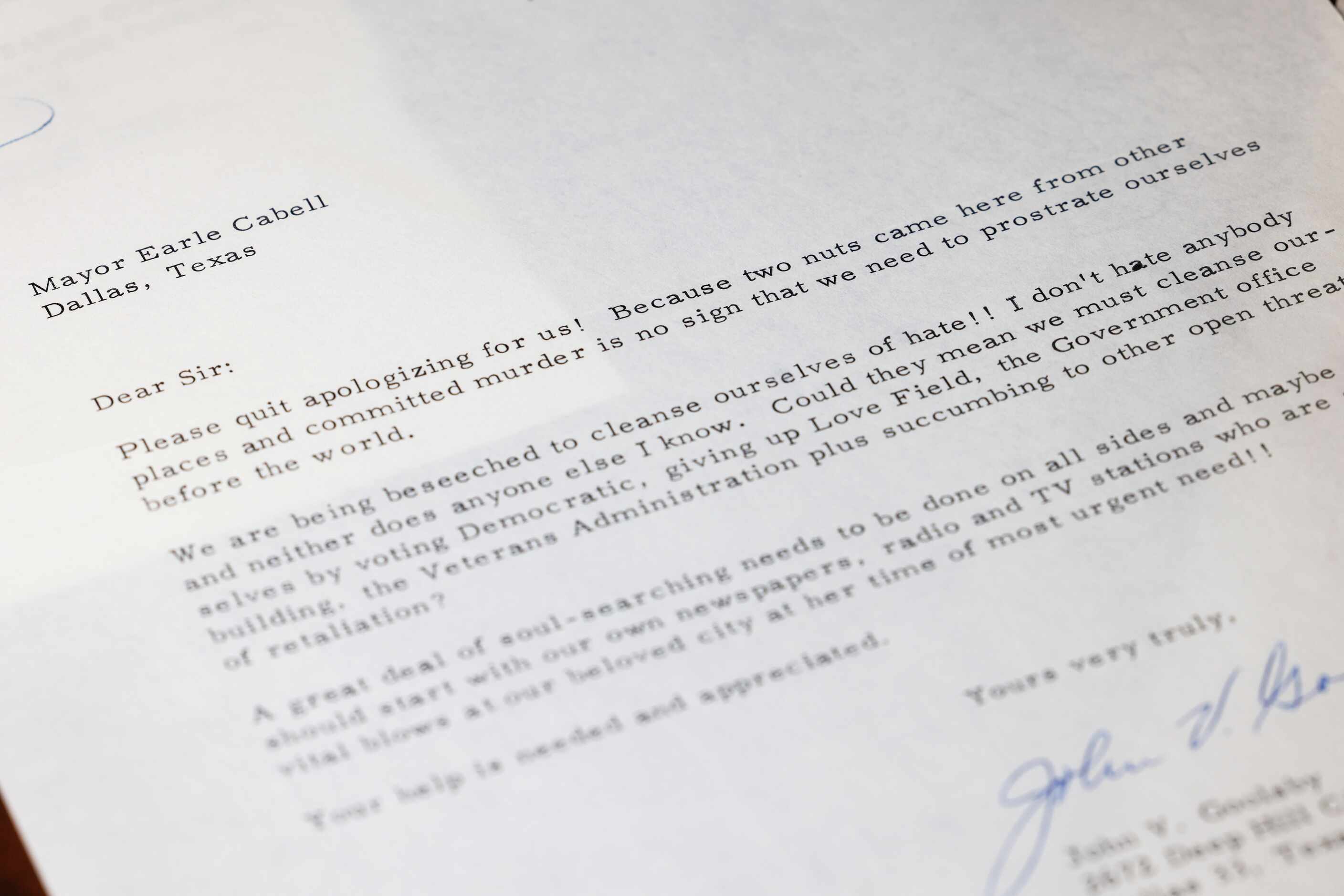 Exhibit of letters sent to the mayor of Dallas in the 1960s following the JFK assassination...