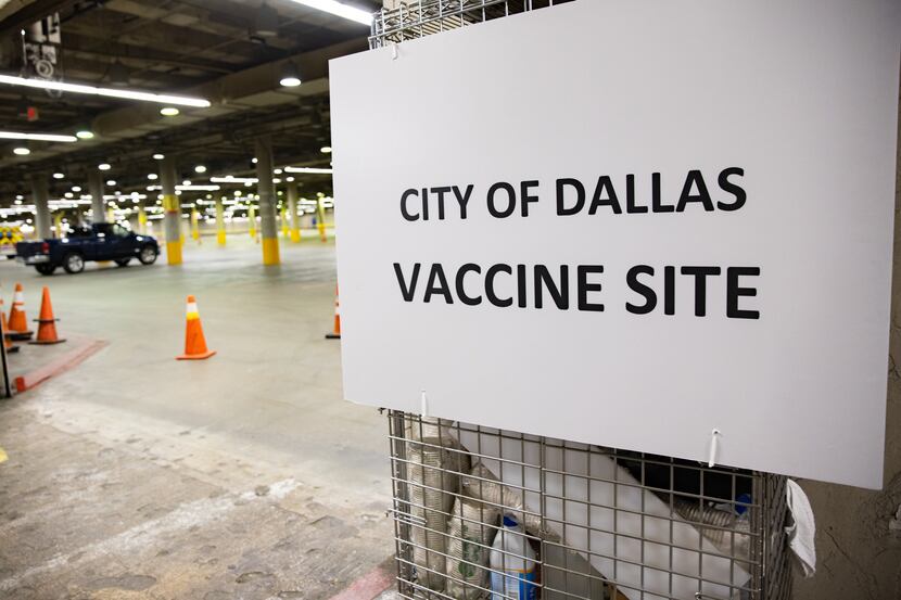 A sign for the drive-up vaccine clinic at Kay Bailey Hutchison Convention Center in Dallas...