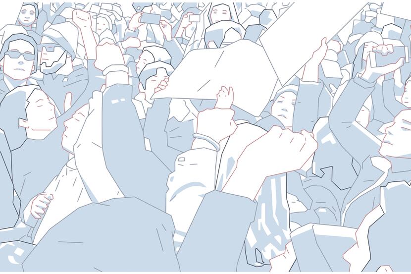 Stylzied illustration of large crowd demonstration with signs and banner