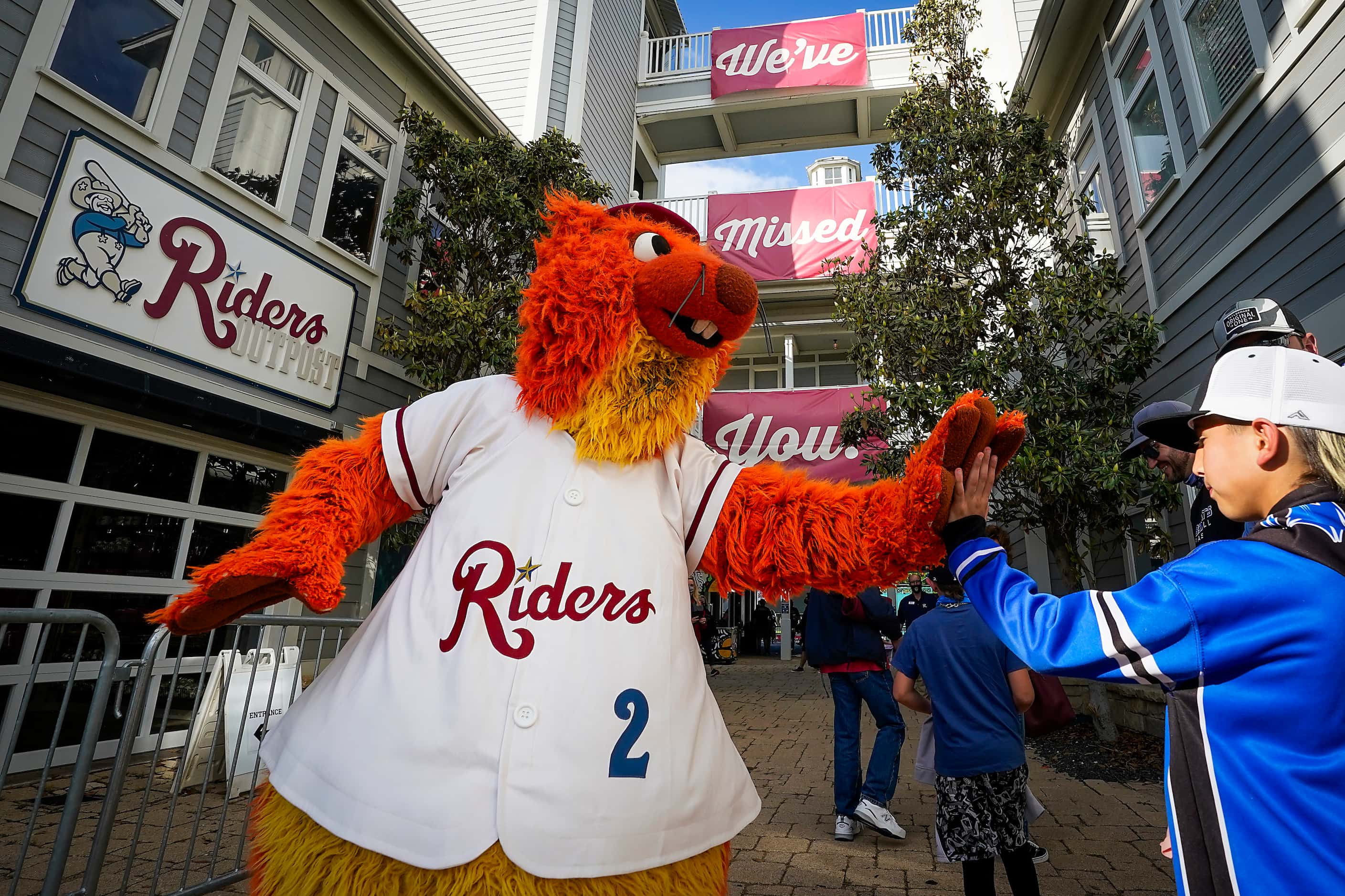 Frisco RoughRiders mascot Deuce greets fans after the gates opened for the team’s season...