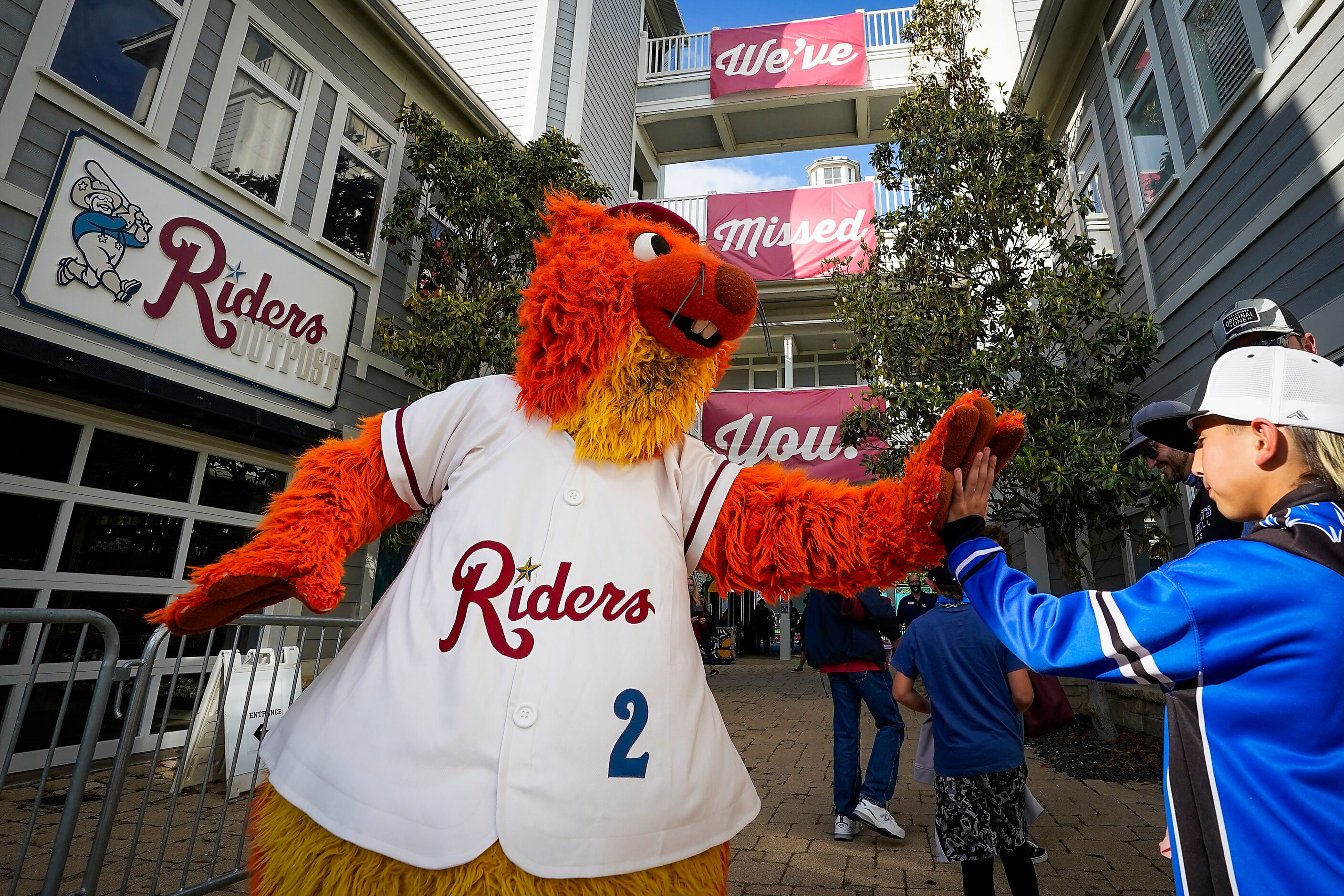 Frisco RoughRiders mascot Deuce greets fans after the gates opened for the team’s season...