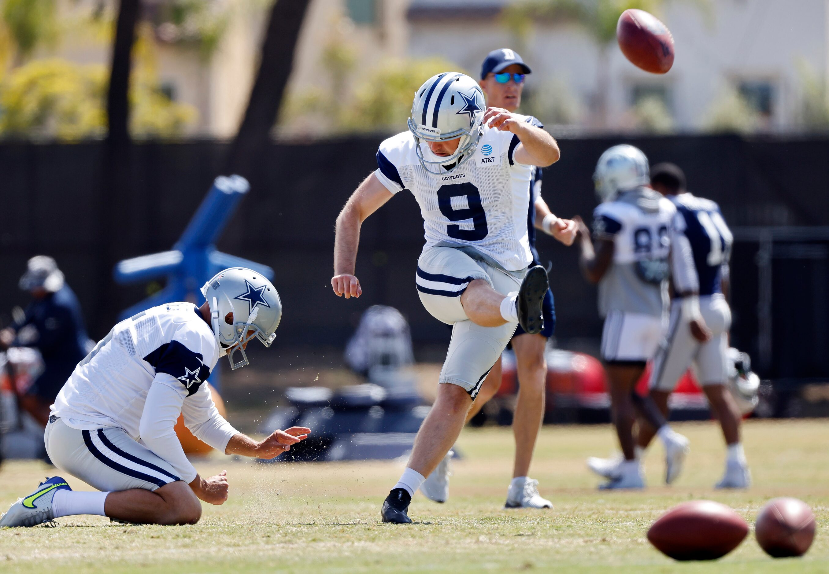 Dallas Cowboys kicker Lirim Hajrullahu (9) practices his field goals before training camp...