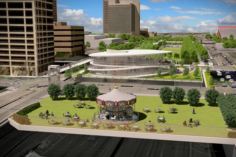 Renderings show the planned expansion of Klyde Warren Park in Dallas. The expansion will...