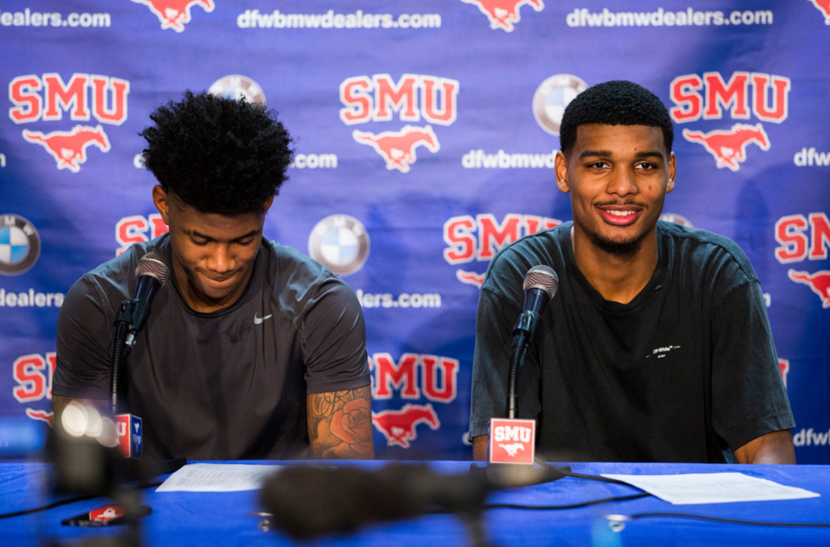 Southern Methodist Mustangs guard Kendric Davis (3) and forward Feron Hunt (1) answer...