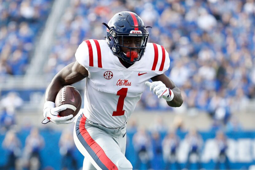 LEXINGTON, KY - NOVEMBER 04: A.J. Brown #1 of the Mississippi Rebels runs for a touchdown...