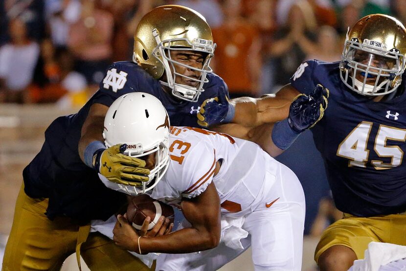 SOUTH BEND, IN - SEPTEMBER 05: Jerry Tillery #99 of the Notre Dame Fighting Irish tackles...