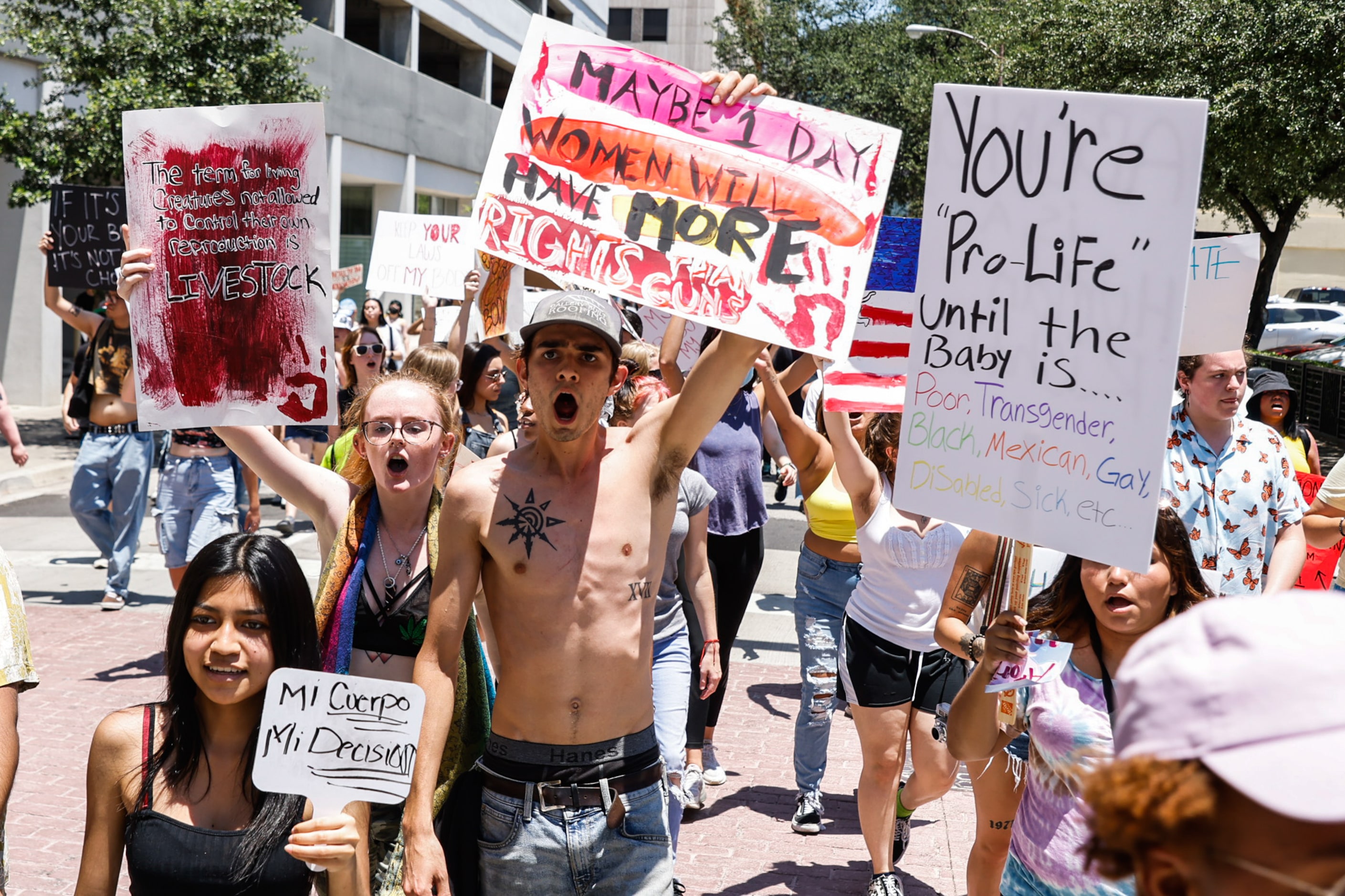 Abortion rights supporters march in downtown Dallas on Wednesday, June 29, 2022.