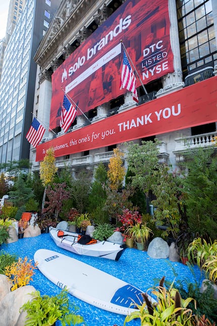 Solo Brands' exhibit outside the stock exchange featuring several of its outdoor products on...