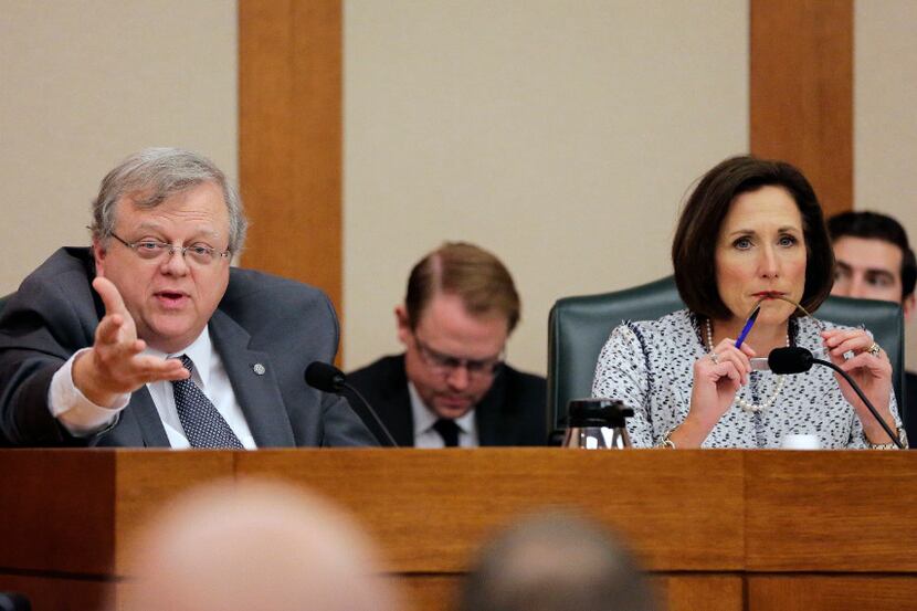 Texas Sen. Paul Bettencourt, R-Houston, left, and Sen. Lois Kolkhorst, R-Brenham, take part...