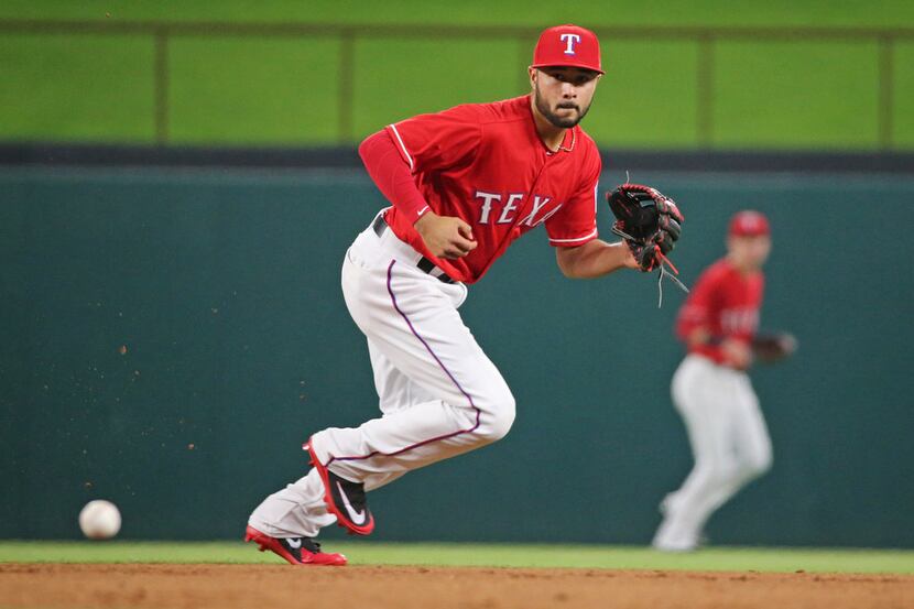 Texas Rangers infielder Isiah Kiner-Falefa is pictured during the Los Angeles Angels vs. the...