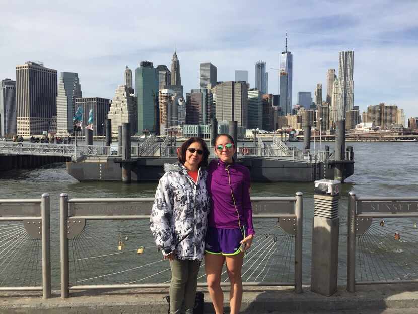 Isabelle Papadimitriou, 64, and Fiana Tulip pose in front of the New York City skyline....