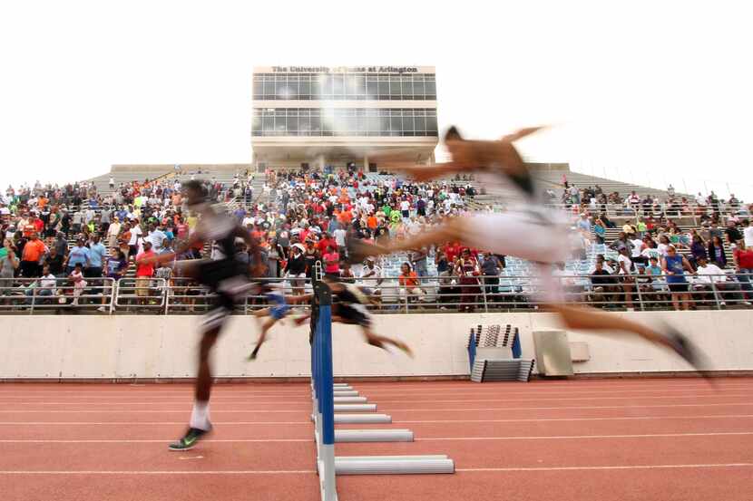 A large crowd was on hand to cheer events including the Boys 300 meter hurdles. Competition...