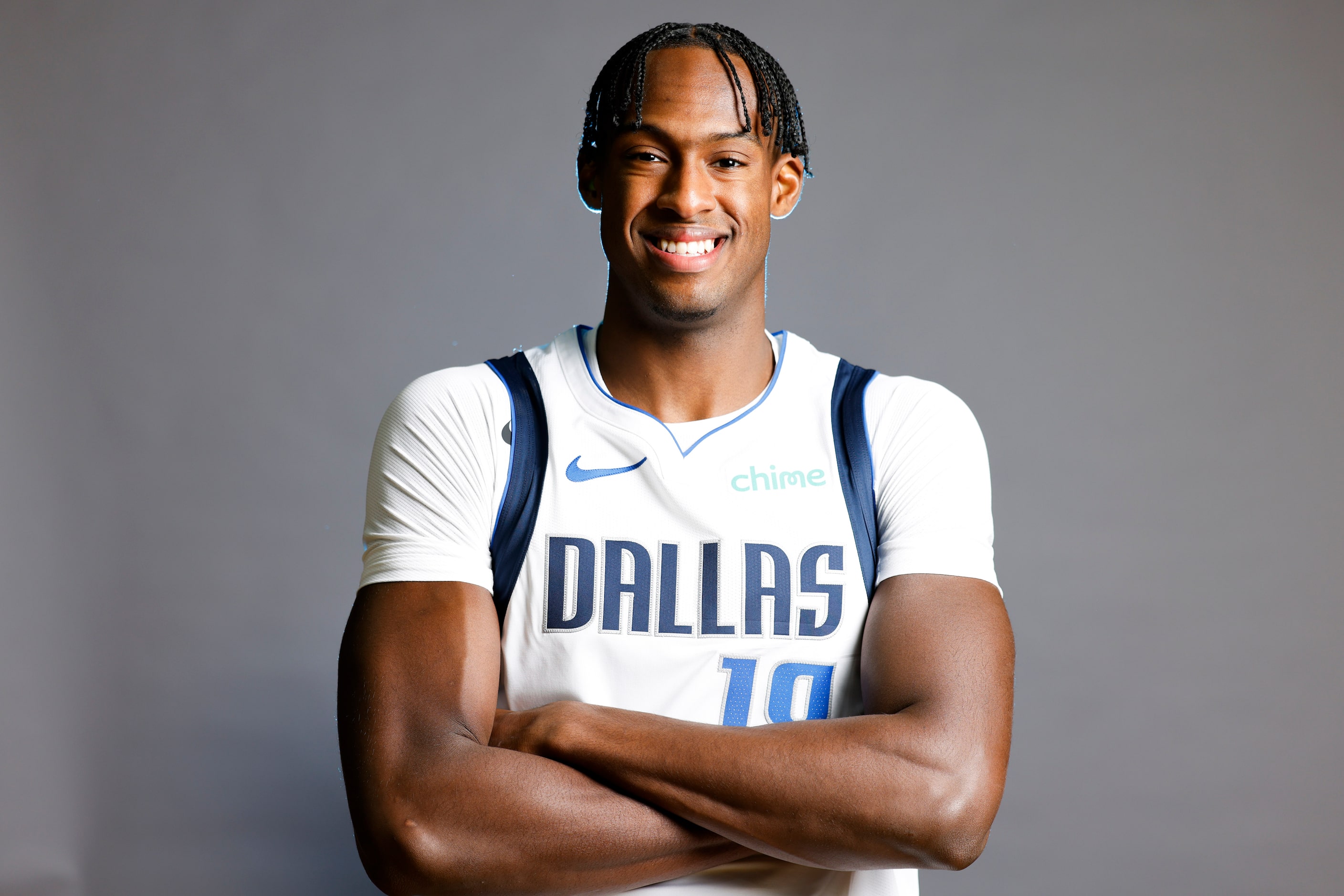 Dallas Mavericks’ Olivier-Maxence Prosper poses for a photo during the media day on Friday,...