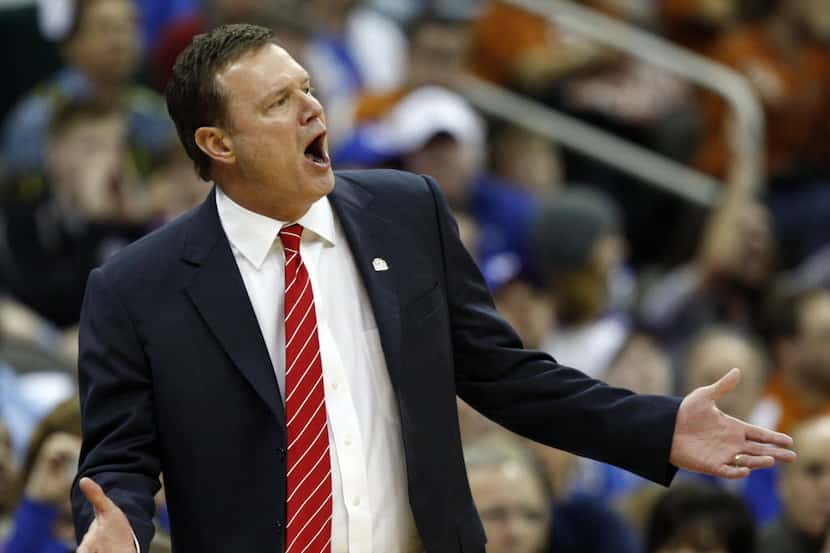 Kansas Jayhawks head coach Bill Self argues a call from the sideine during the first half of...